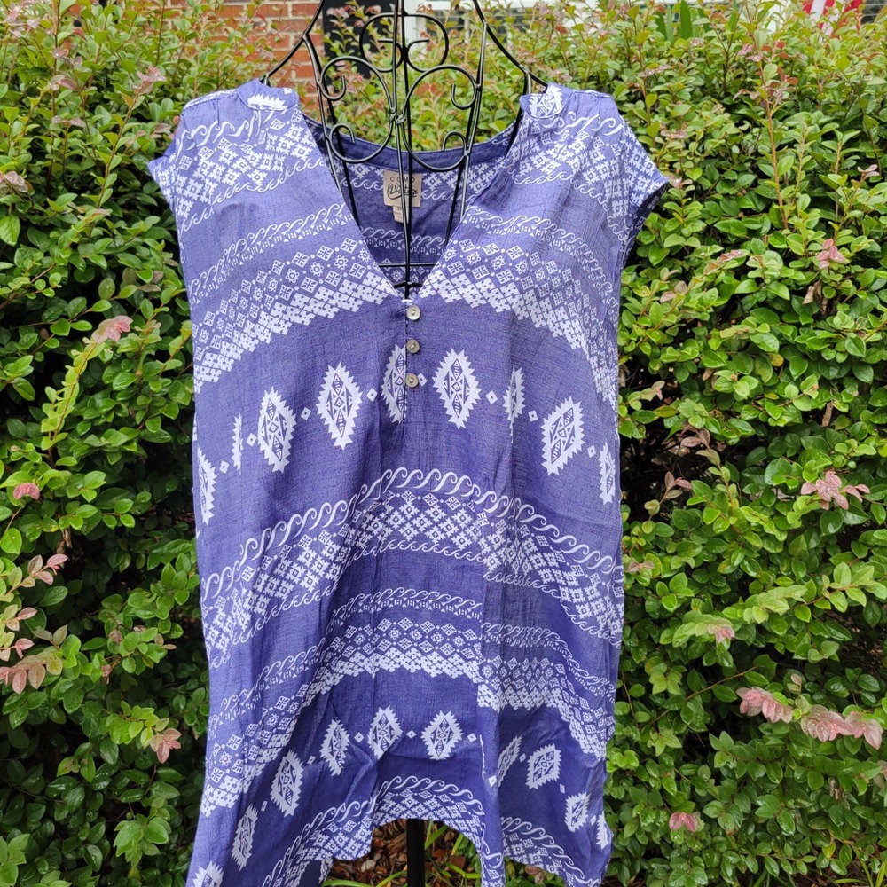 Como Vintage 3X Blouse Blue White Geometric Tribal Print Boho V Neck Top Summer